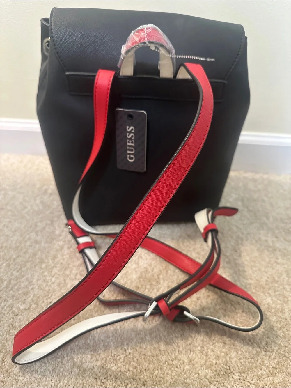 GUESS Black Backpack with Red and White Floral Accents